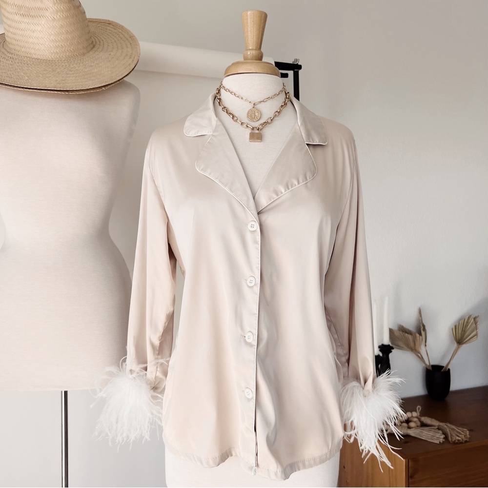SOLD ❌ CREAM FEATHER DETAILED SILKY BLOUSE - Picture 3 of 13
